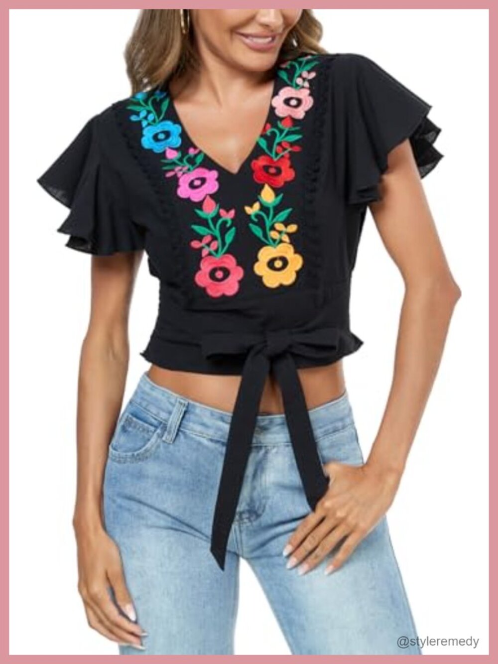 Women's V Neck Tie Front Crop Top Ruffle Short Sleeve Boho Embroidered Blouse